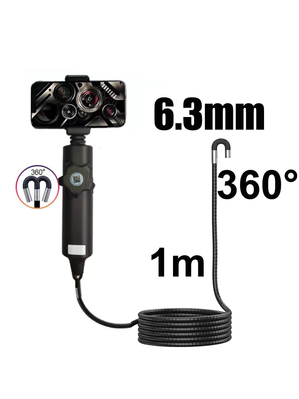 Articulating Borescope Inspection Camera, 0.24in,180° Rotatable Head, 1M/3.28FT, IP67 Waterproof, 6 LED Lights, Android iOS Compatible