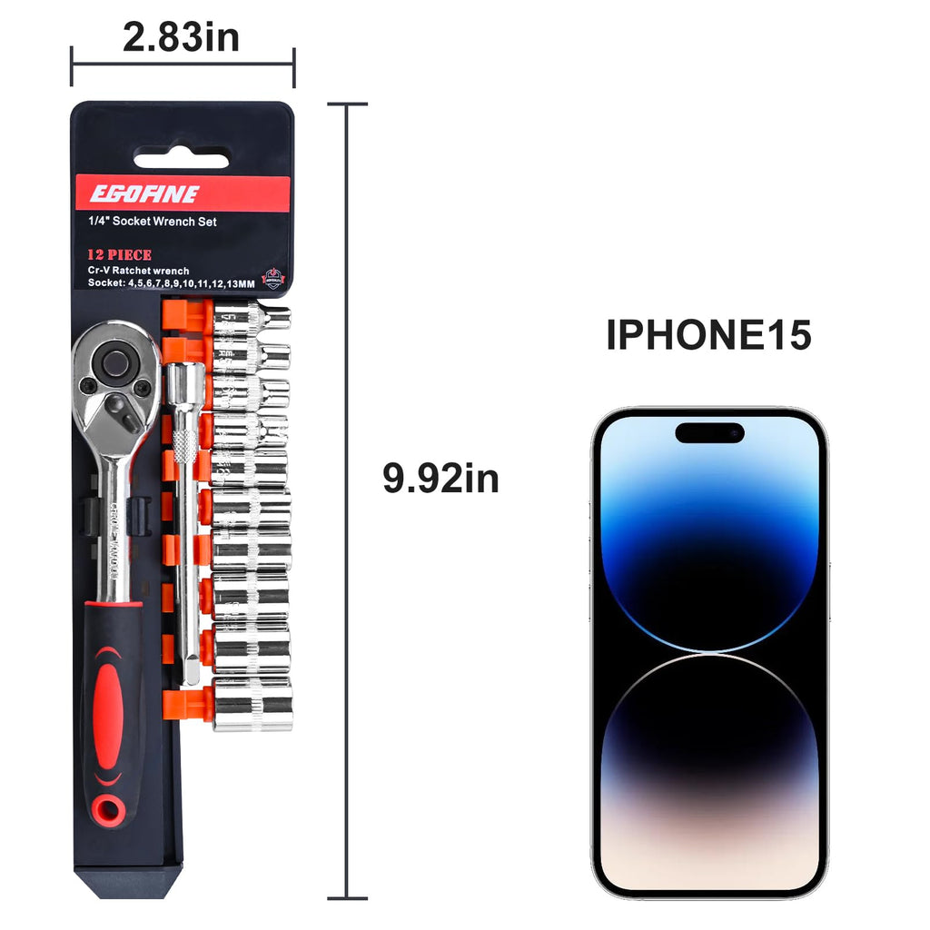Egofine 12pcs 1/4 Inch Mini Ratchet Socket Wrench Set, Drive Socket Set with 10 Sockets (4-13mm) and 2 Way Quick Released Ratchet Handle and Extension Bar