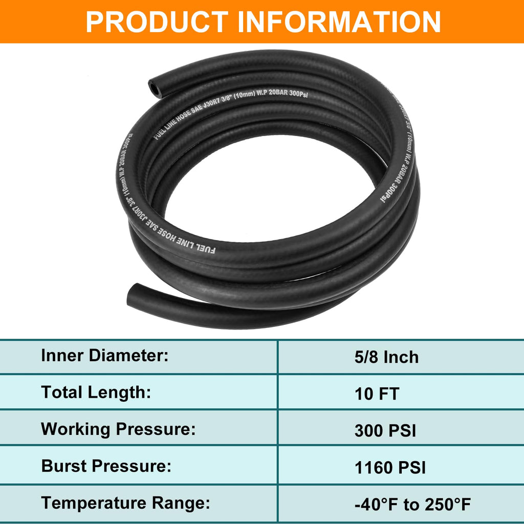 5/8 Inch ID Fuel Line Hose - 10FT Fuel Line with 10PCS Hose Clamps,300PSI High-Pressure Fuel Line for Automotive Fuel Systems Engines (5/8" ID-10Ft)