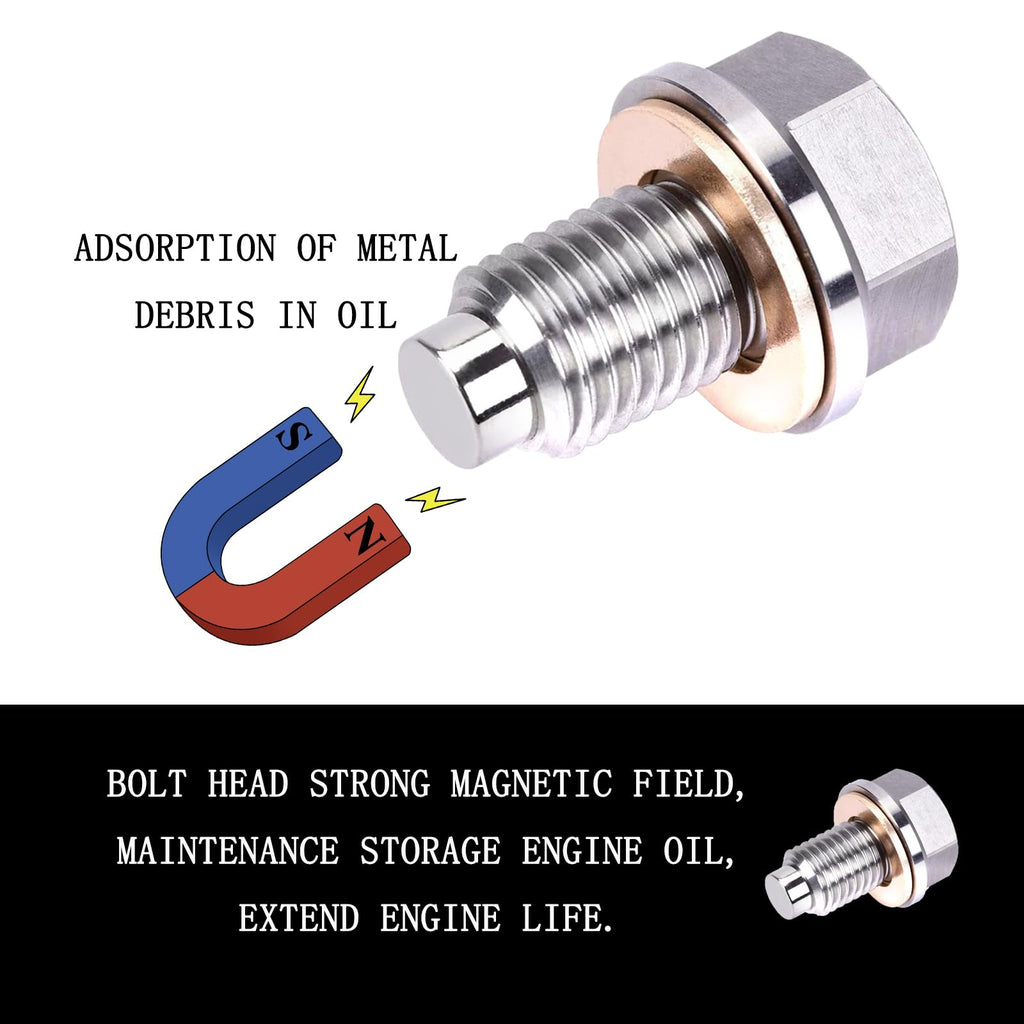 M14x1.5 Magnetic Oil Drain Plug, Magnetic Stainless Steel Oil Pan Drain Nut Bolt with 5PCS Copper Crush Washer Anti Leakage, Universal Leak-proof Replacement,Fits Most Cars,Motorcycles,Boats