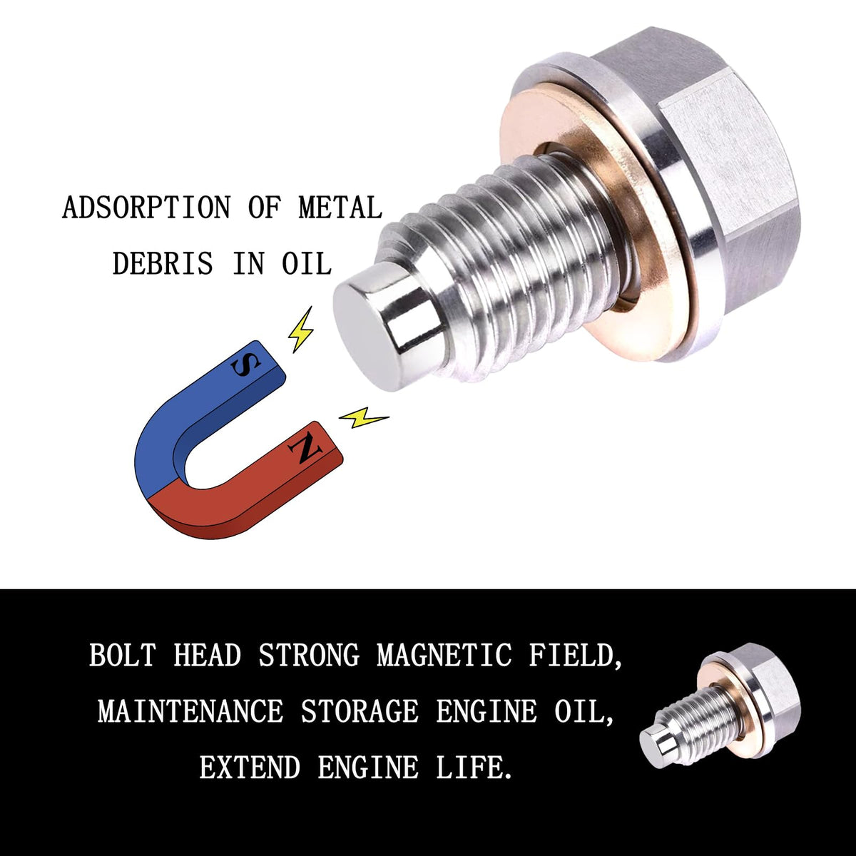 M14x1.5 Magnetic Oil Drain Plug, Magnetic Stainless Steel Oil Pan Drain Nut Bolt with 5PCS Copper Crush Washer Anti Leakage, Universal Leak-proof Replacement,Fits Most Cars,Motorcycles,Boats