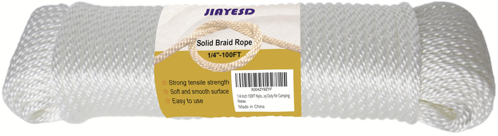 1/4 Inch 100FT Nylon White Solid Braid Rope Polyester Rope High UV and Abrasion Resistance, Multi-Purpose for Outdoor for Camping