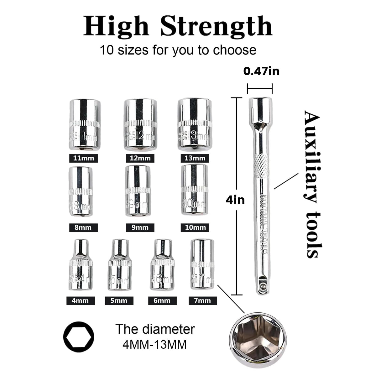 Egofine 12pcs 1/4 Inch Mini Ratchet Socket Wrench Set, Drive Socket Set with 10 Sockets (4-13mm) and 2 Way Quick Released Ratchet Handle and Extension Bar