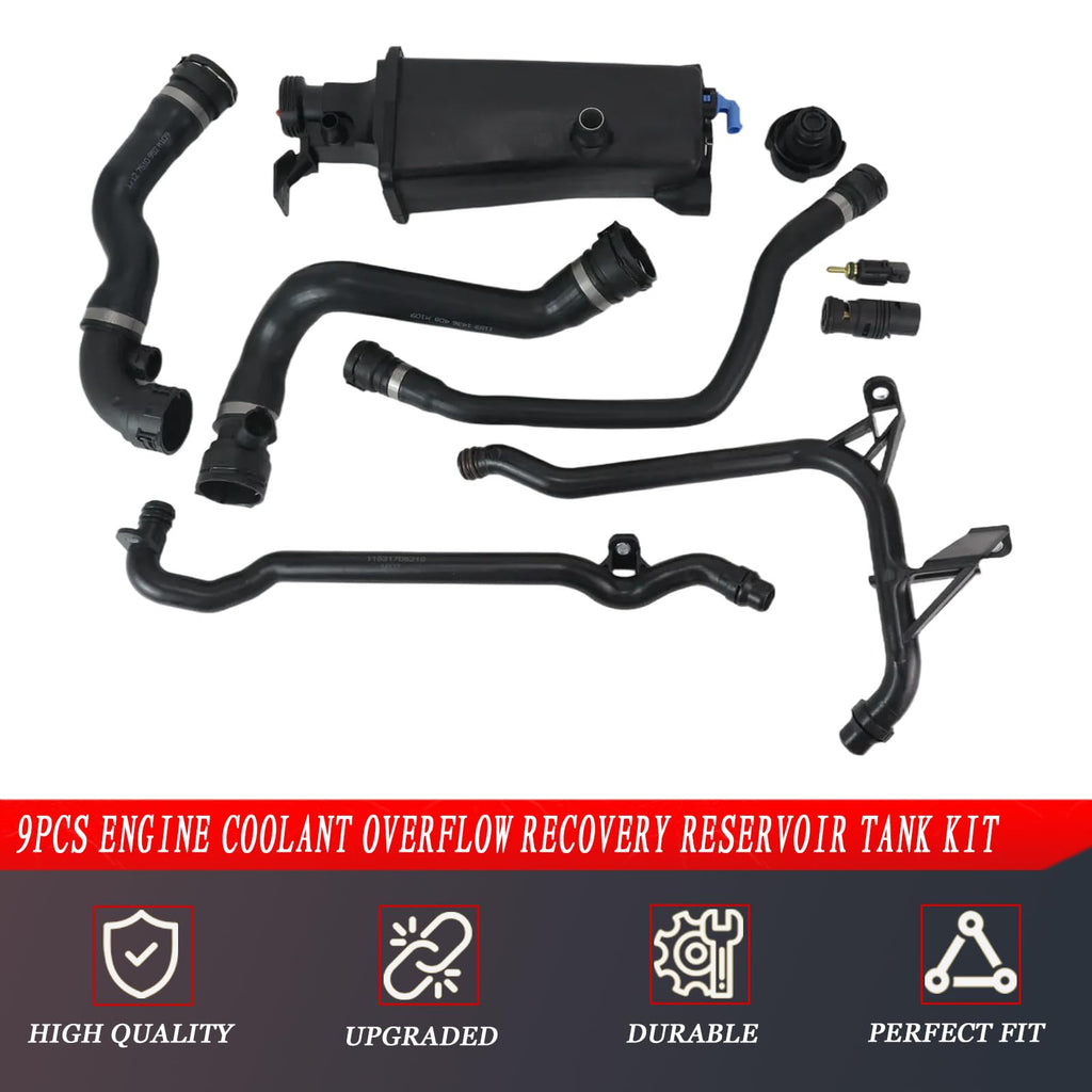 9PCS Engine Coolant Overflow Recovery Reservoir Tank Kit for BMW 1998-2006 E46 320i 320Ci 323i 325i 323Ci 328Ci 325Ci 328i 330i 330Ci 316i 318i, OE# 17117573781 17111437362 11537502525 11531436410