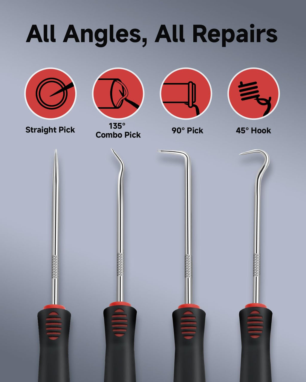GUIOEIE 4-Piece Pick Set Mechanic, Automotive Hook and Pick Set with Soft Grip & Non-Slip Shaft, Precision Pick Tool & O Ring Pick for Oil Seal, Gasket, Electronics Repair