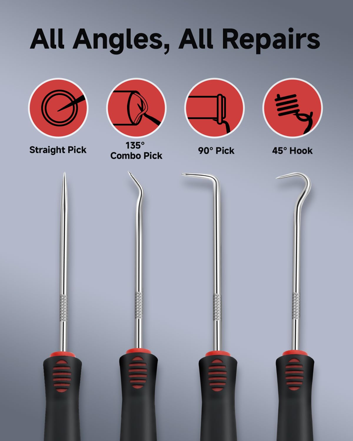 GUIOEIE 4-Piece Pick Set Mechanic, Automotive Hook and Pick Set with Soft Grip & Non-Slip Shaft, Precision Pick Tool & O Ring Pick for Oil Seal, Gasket, Electronics Repair
