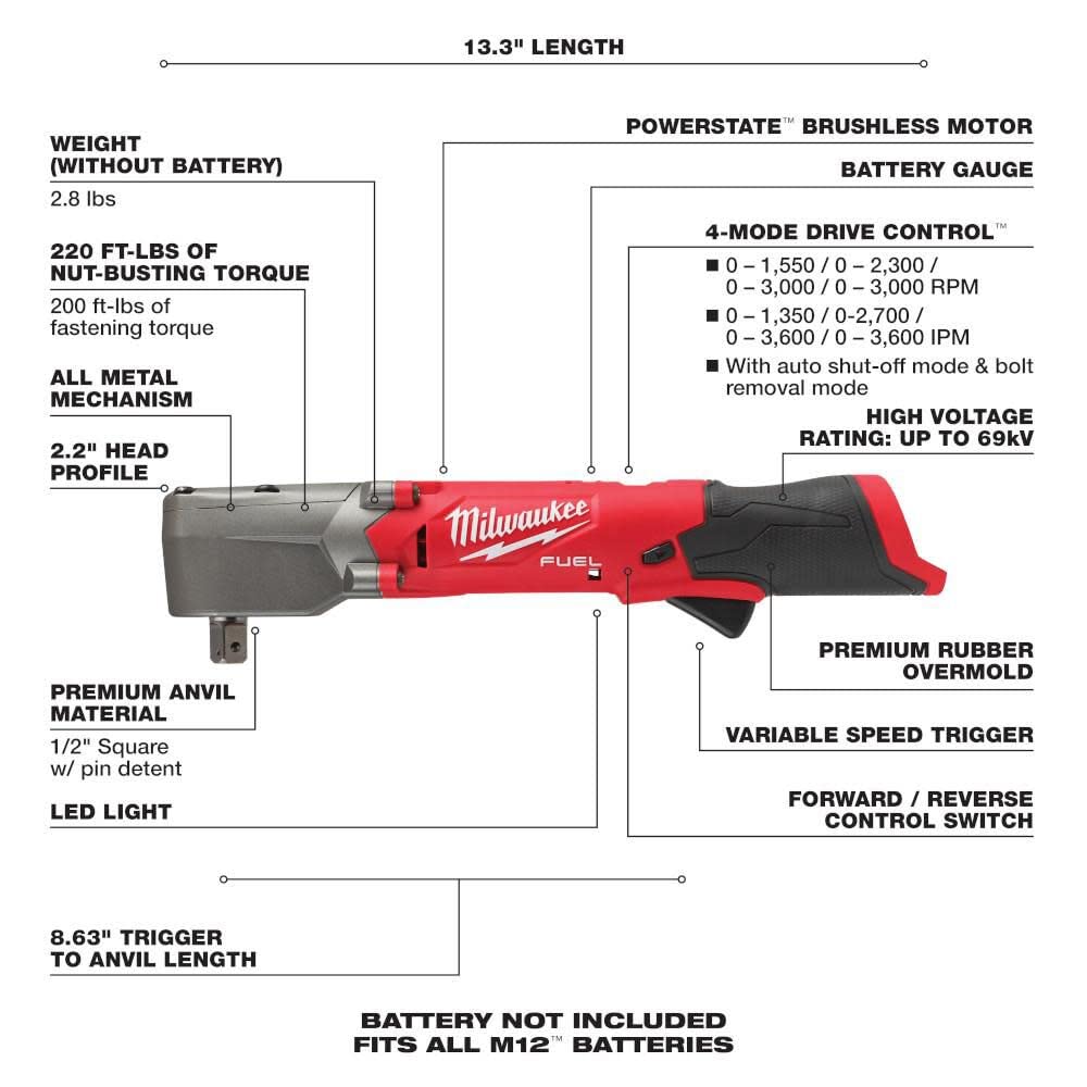 Milwaukee 2565P-20 M12 FUEL 1/2" Right Angle Impact Wrench with Pin Detent - No Battery, No Charger, Bare Tool Only
