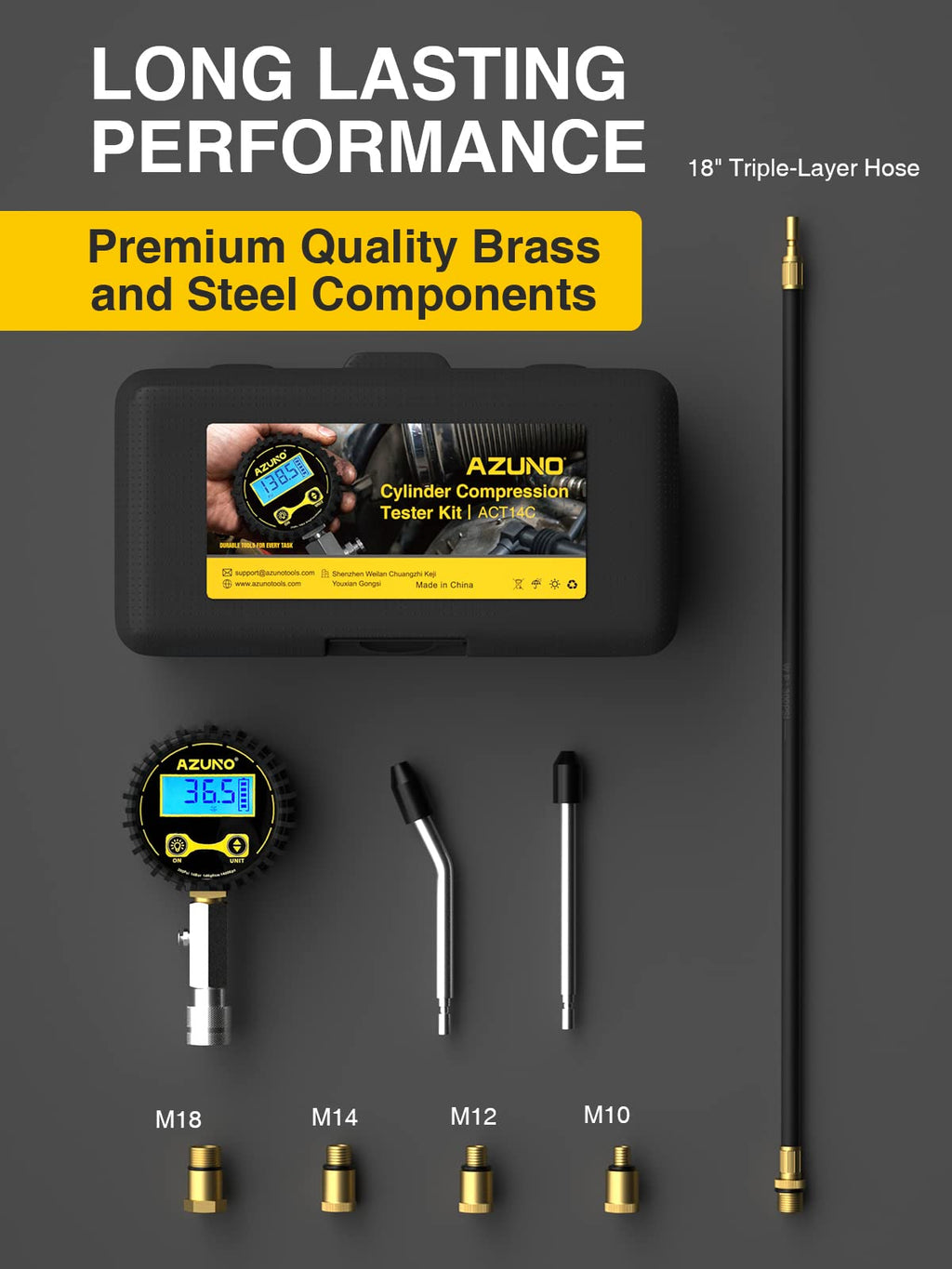 AZUNO Compression Tester Automotive, Digital Compression Gauge 200 PSI for Petrol Engine Cylinder Compression Tester Kit with Adapter & Hose