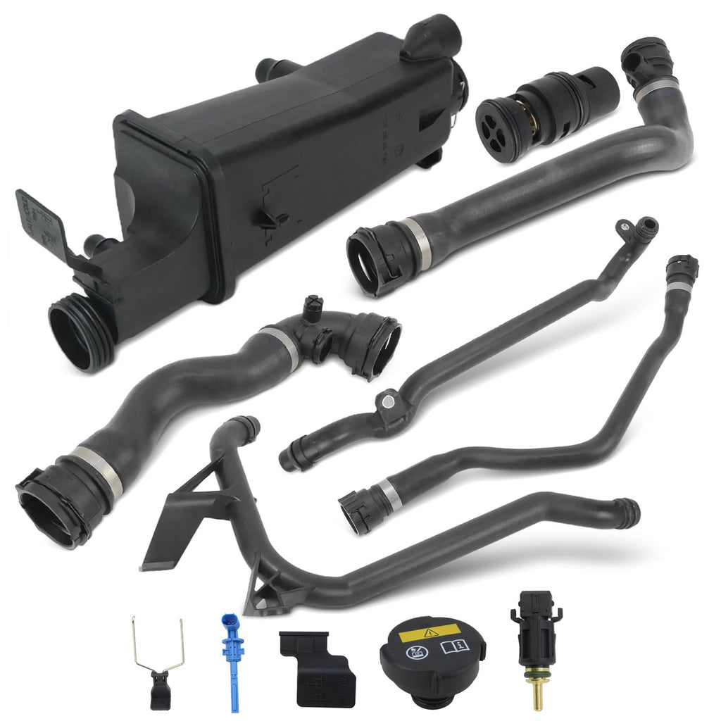 9PCS Engine Coolant Overflow Recovery Reservoir Tank Kit for BMW 1998-2006 E46 320i 320Ci 323i 325i 323Ci 328Ci 325Ci 328i 330i 330Ci 316i 318i, OE# 17117573781 17111437362 11537502525 11531436410