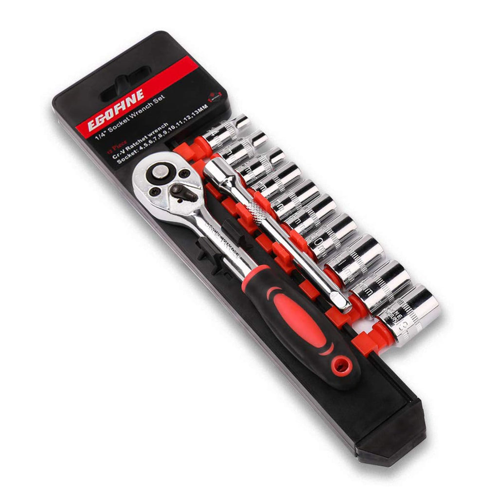 Egofine 12pcs 1/4 Inch Mini Ratchet Socket Wrench Set, Drive Socket Set with 10 Sockets (4-13mm) and 2 Way Quick Released Ratchet Handle and Extension Bar