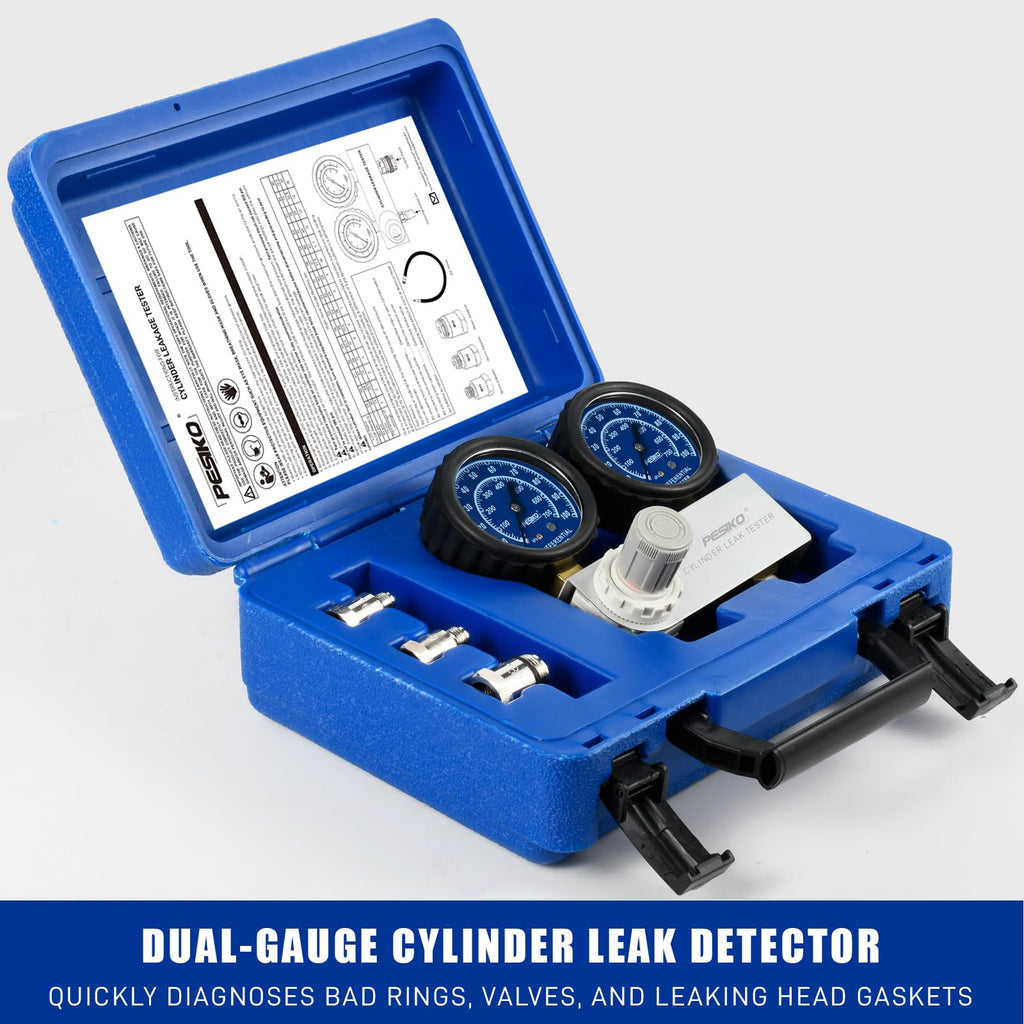 PESIKO Cylinder Leak Tester Kit with Dual-Gauge, Engine Leak Detector Kit