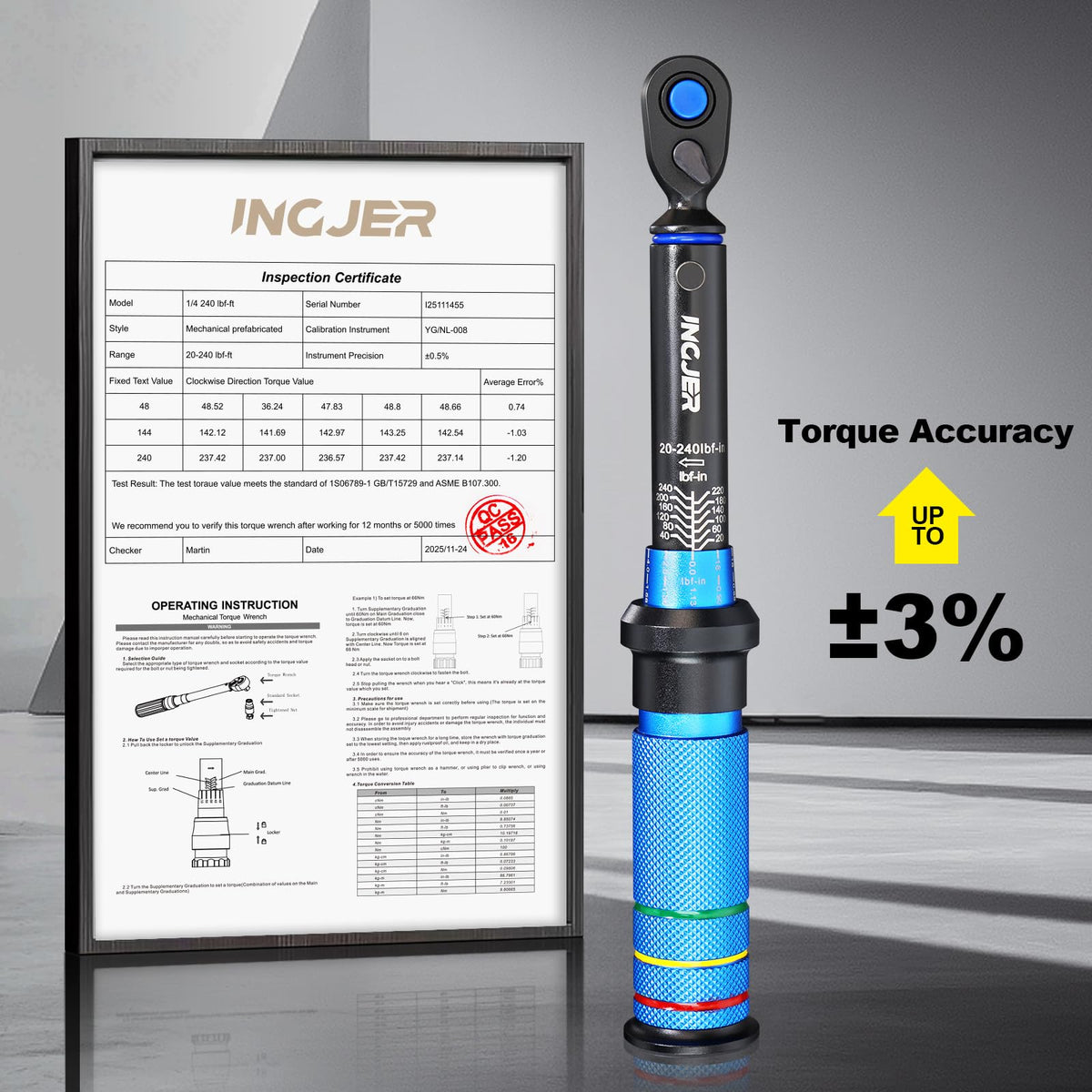 INGJER Torque Wrench, Mini 20-240in.lb, UPGRADE 1/4 Torque Wrench