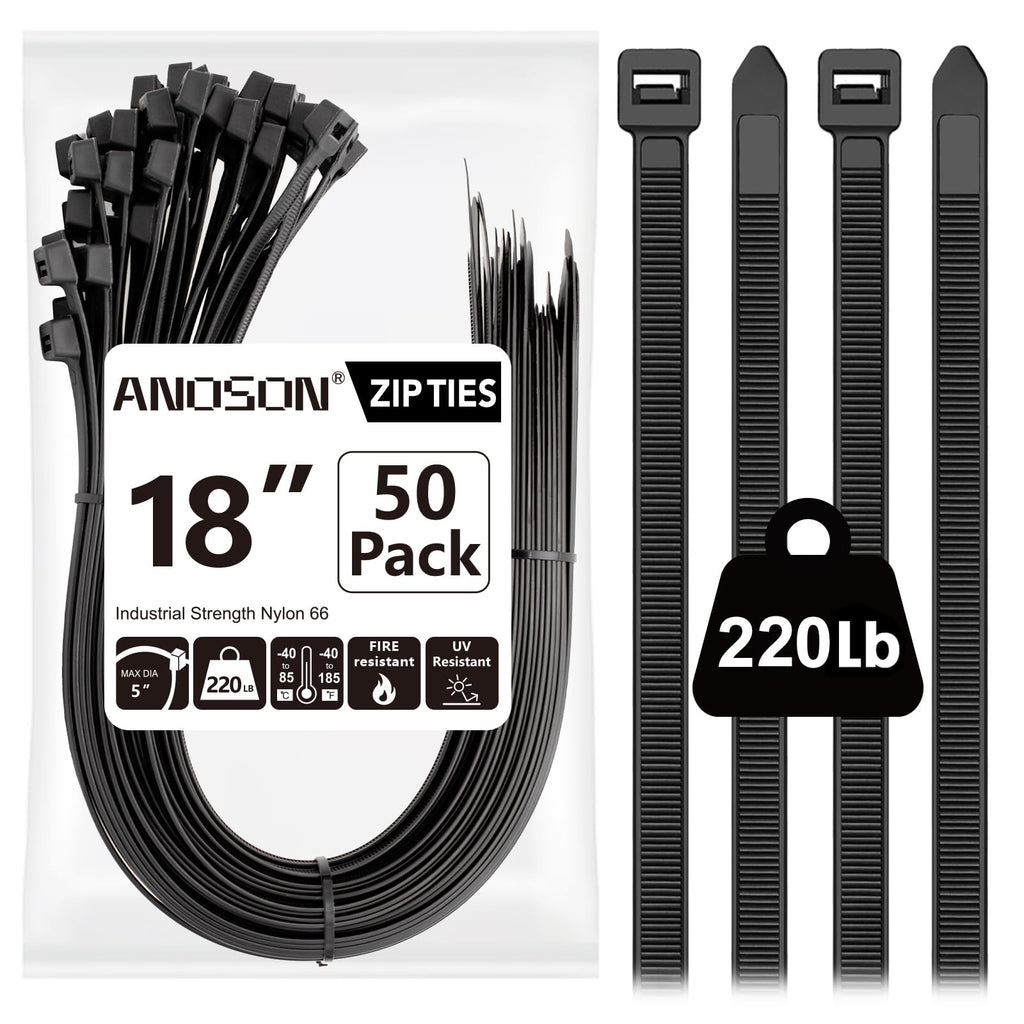 Large Zip Ties 18 inch, 50 Pack, Long Zip Ties Heavy Duty with 220 lb Tensile Strength, Big Cable Ties, Black, ANOSON