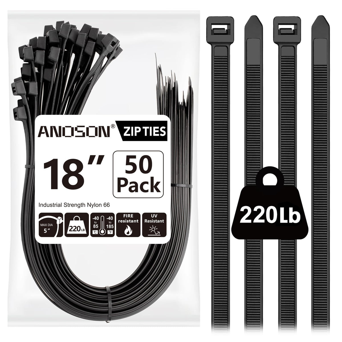 Large Zip Ties 18 inch, 50 Pack, Long Zip Ties Heavy Duty with 220 lb Tensile Strength, Big Cable Ties, Black, ANOSON