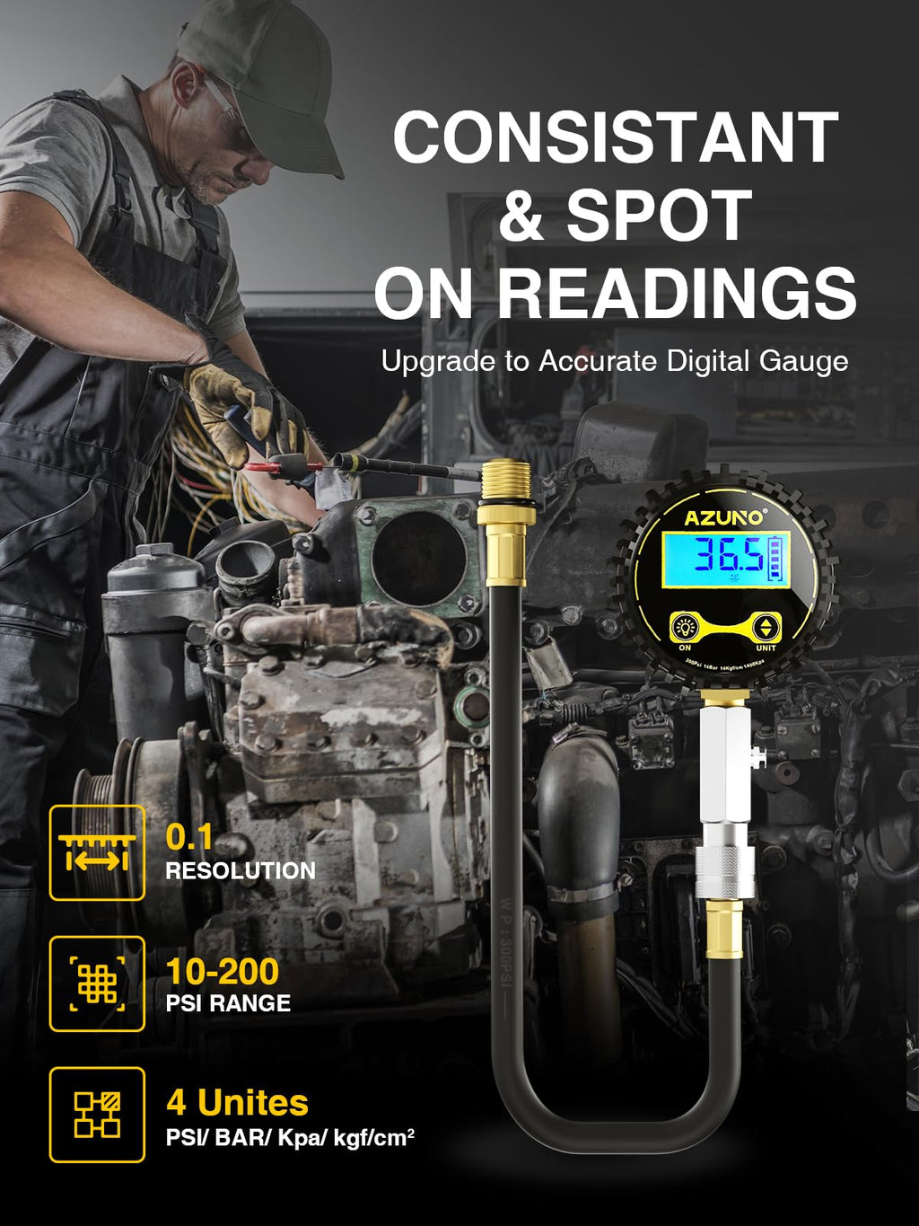 AZUNO Compression Tester Automotive, Digital Compression Gauge 200 PSI for Petrol Engine Cylinder Compression Tester Kit with Adapter & Hose