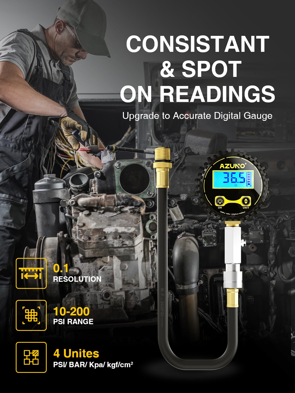 AZUNO Compression Tester Automotive, Digital Compression Gauge 200 PSI for Petrol Engine Cylinder Compression Tester Kit with Adapter & Hose