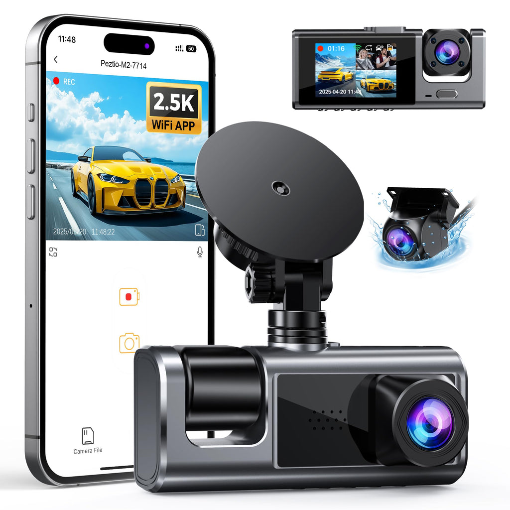 2.5K 3 Channel Dash Cam Front and Rear Inside with WiFi, 2' IPS Screen