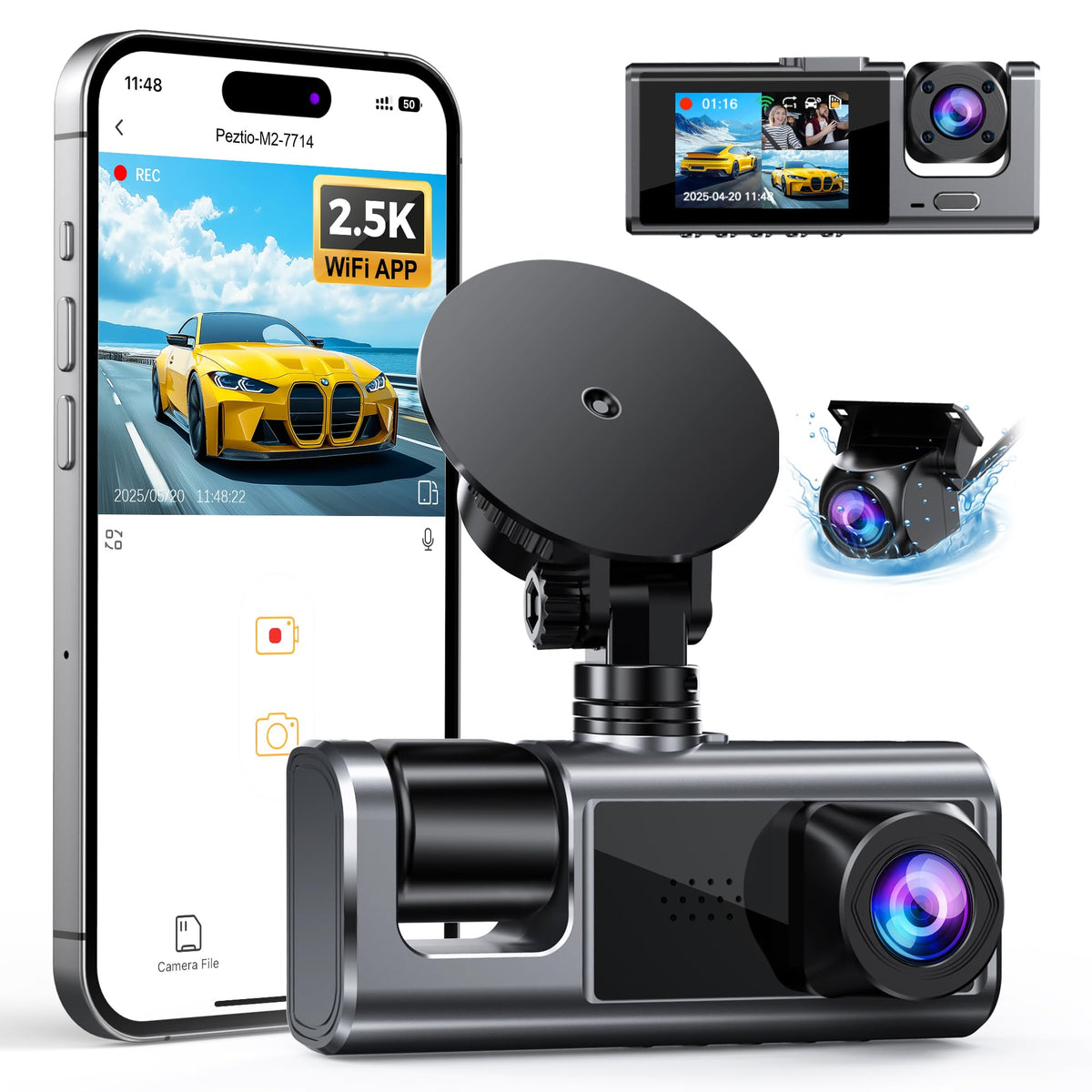 2.5K 3 Channel Dash Cam Front and Rear Inside with WiFi, 2' IPS Screen