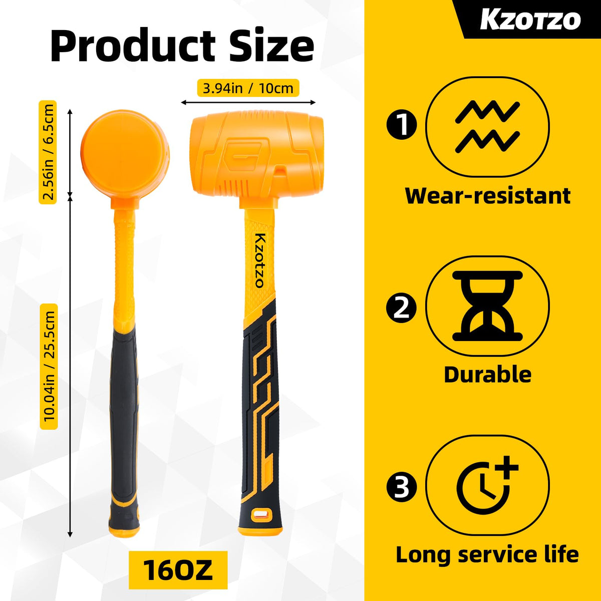 16oz Rubber Mallet Hammer, Fiberglass Handle, Rubber Mallet for Flooring, Tent Stakes, Woodworking, Camping, Soft Blow Tasks without Damage， 2025 upgraded seamless rubber hammer（yellow） (16OZ)