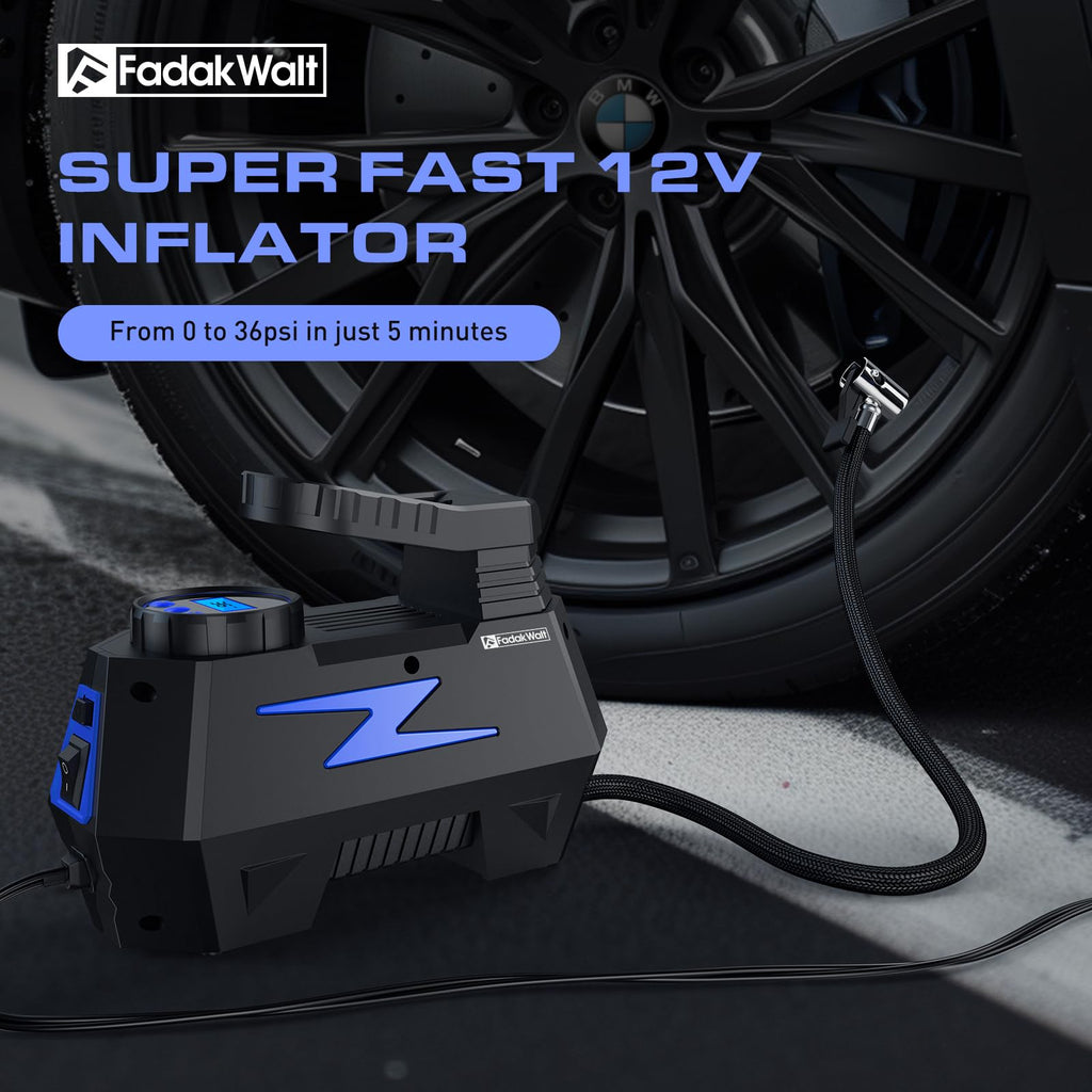 FADAKWALT Tire Inflator Portable Air Compressor, 12V DC Car Air Pump with Auto Shutoff, 150 PSI Digital Gauge, LED Light, Metal Valve Connector, Accessories for Cars, Blue