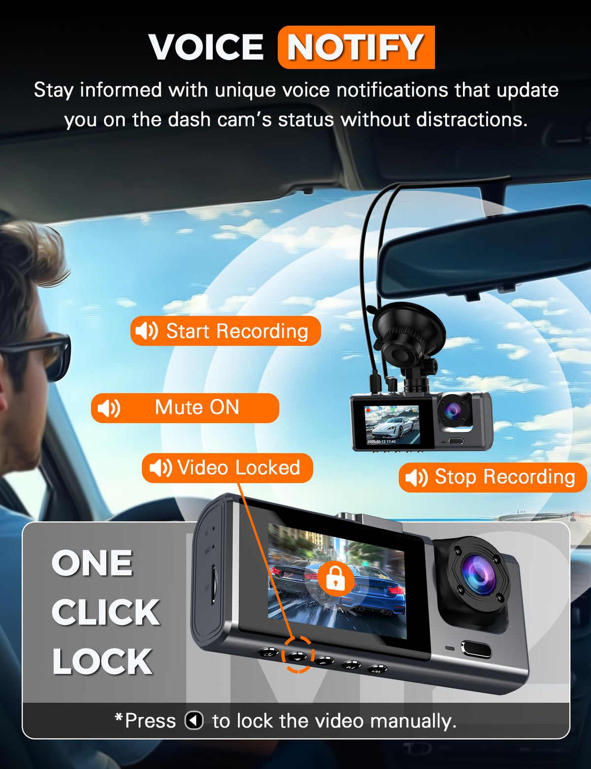 2.5K 3 Channel Dash Cam Front and Rear Inside with WiFi, 2' IPS Screen