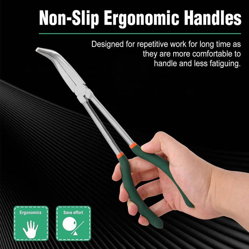 SPEEDWOX 90 Degree Long Reach Bent Nose Pliers 10 Inches Serrated Teeth