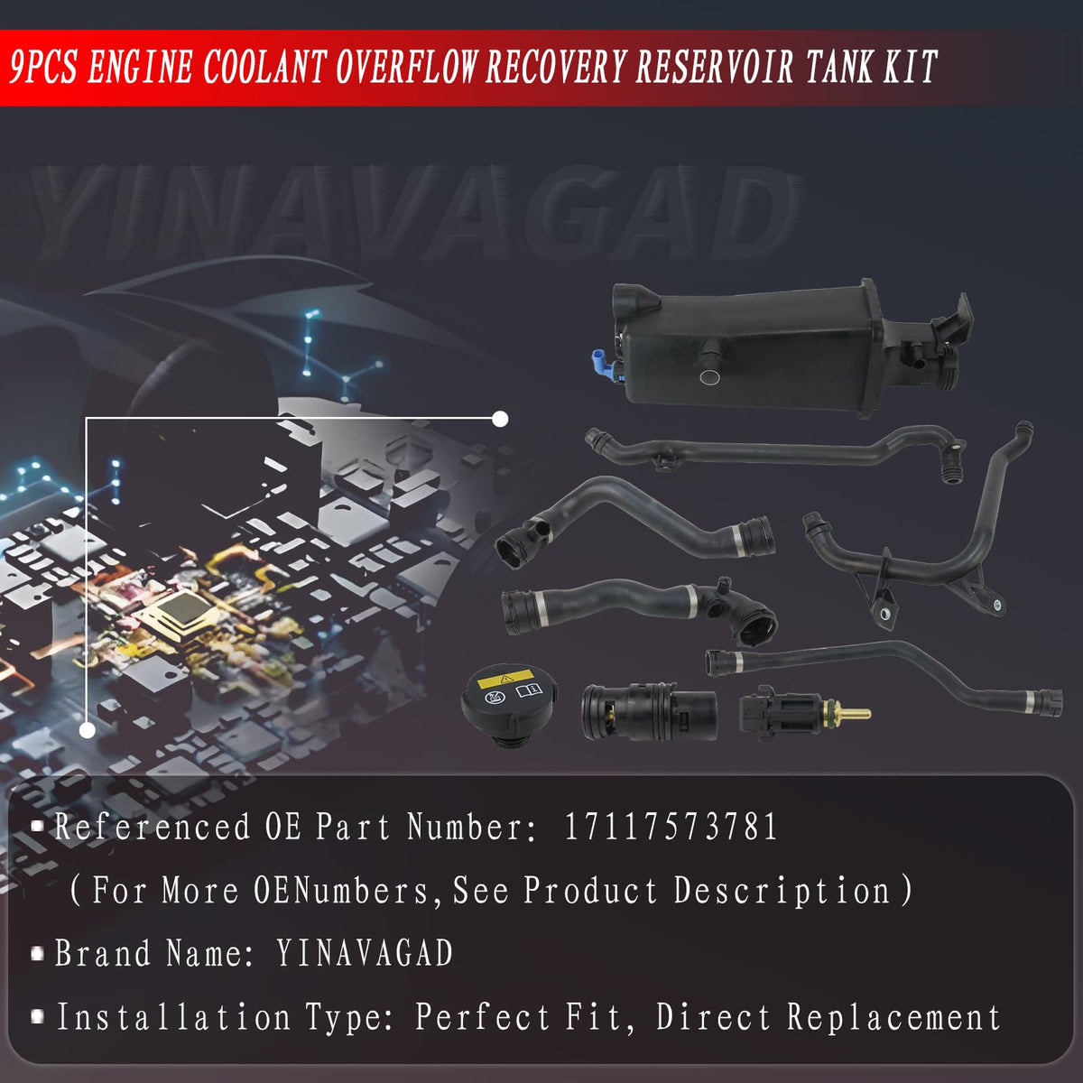 9PCS Engine Coolant Overflow Recovery Reservoir Tank Kit for BMW 1998-2006 E46 320i 320Ci 323i 325i 323Ci 328Ci 325Ci 328i 330i 330Ci 316i 318i, OE# 17117573781 17111437362 11537502525 11531436410