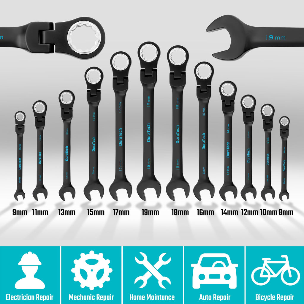 DURATECH 12-Piece Flex-Head Ratcheting Wrench Set, Metric, 8mm-19mm