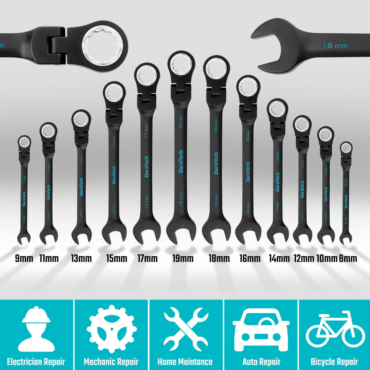 DURATECH 12-Piece Flex-Head Ratcheting Wrench Set, Metric, 8mm-19mm