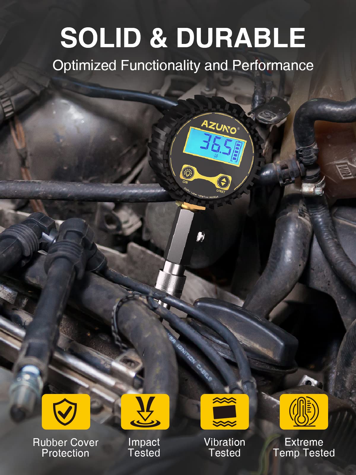 AZUNO Compression Tester Automotive, Digital Compression Gauge 200 PSI for Petrol Engine Cylinder Compression Tester Kit with Adapter & Hose