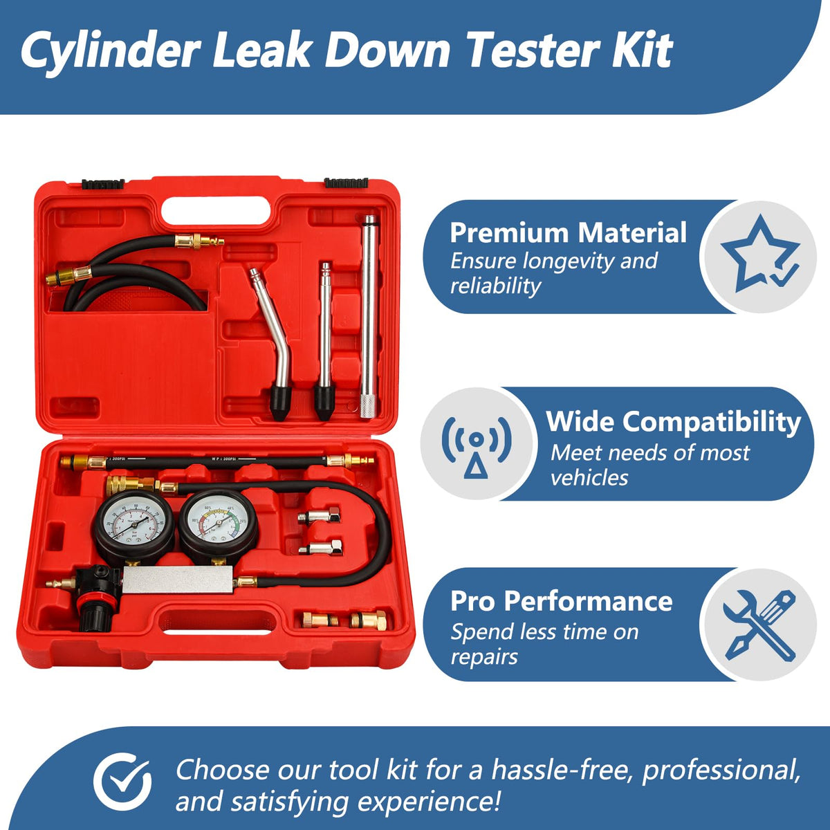 Bicos Cylinder Leak Down Tester Kit Dual Gauge Leakdown Detector Tool Set for Pressure Check & Leakage Rate Test Gasoline Engine Compression Leakdown Detector Leakage Test Set