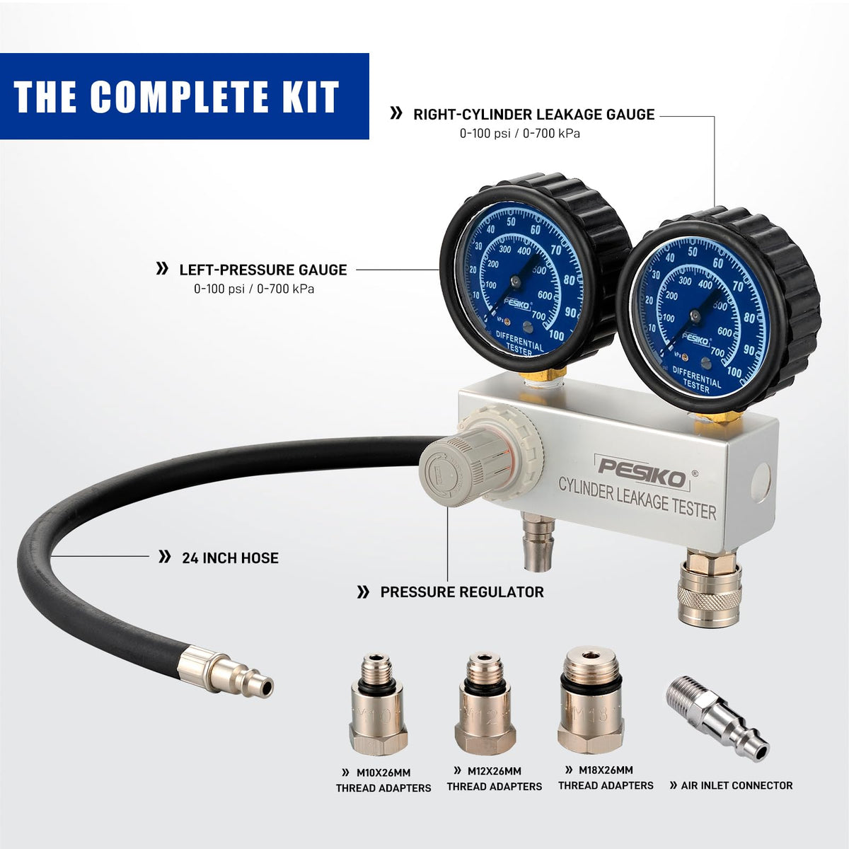 PESIKO Cylinder Leak Tester Kit with Dual-Gauge, Engine Leak Detector Kit