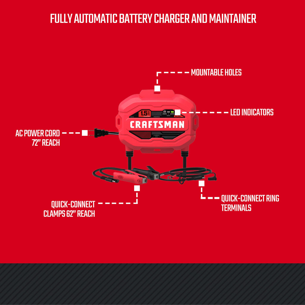 CRAFTSMAN 1.5A Car Battery Charger & Maintainer, 6V/12V – CMXCESM259