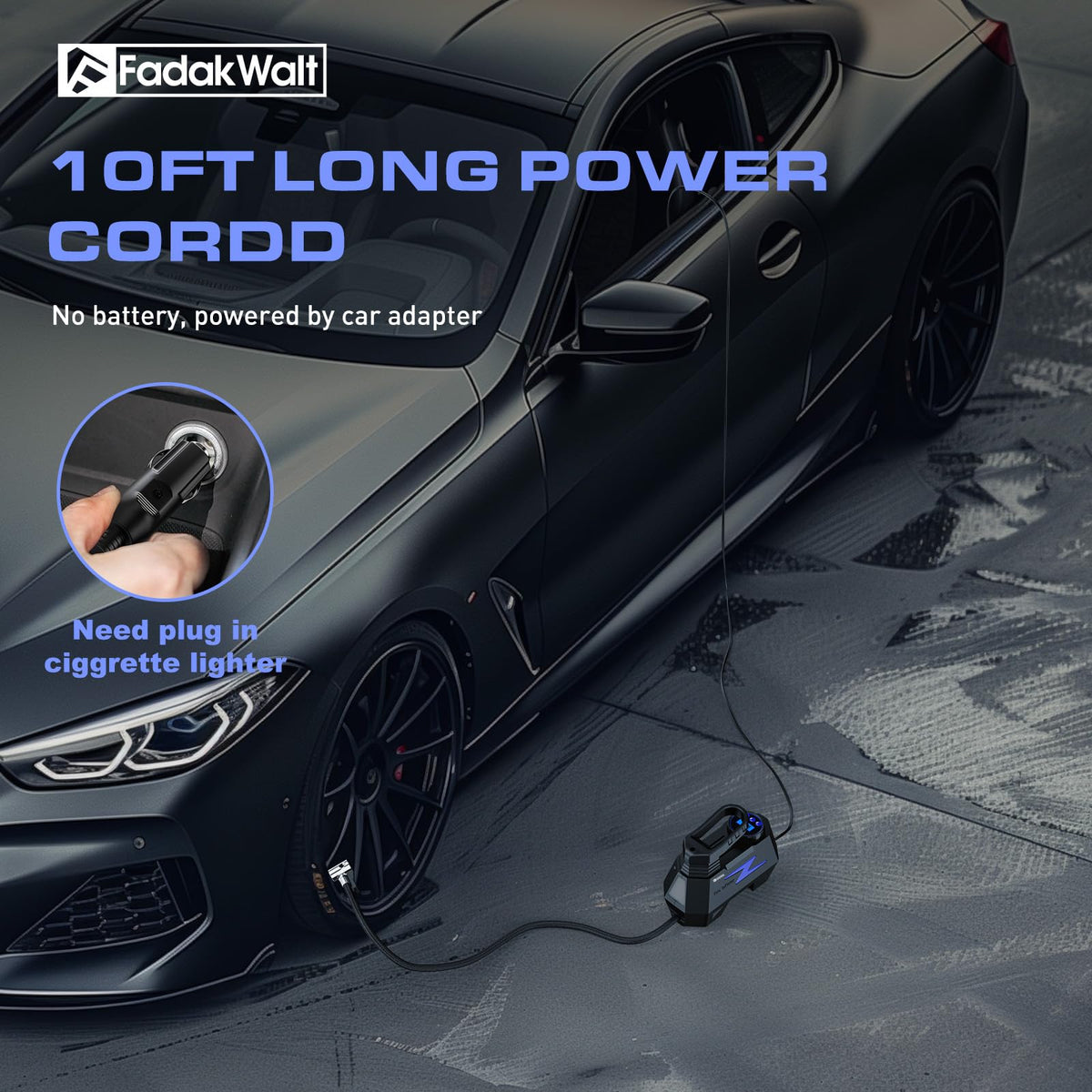 FADAKWALT Tire Inflator Portable Air Compressor, 12V DC Car Air Pump with Auto Shutoff, 150 PSI Digital Gauge, LED Light, Metal Valve Connector, Accessories for Cars, Blue