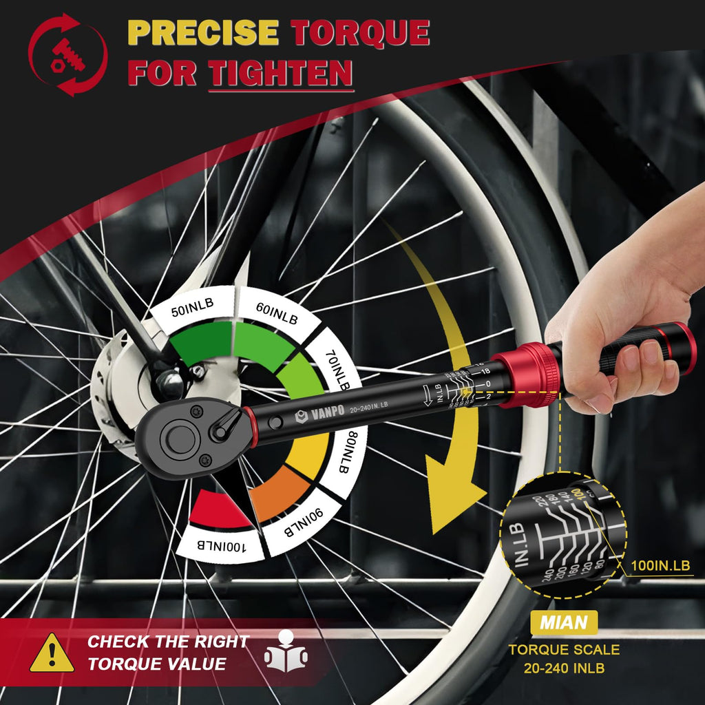 VANPO 1/4-Inch Drive  Click Torque Wrench, 20-240 in.lb  for Bike