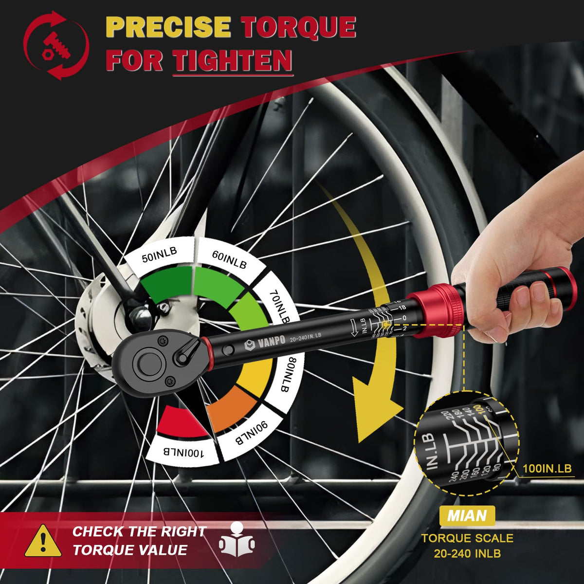 VANPO 1/4-Inch Drive  Click Torque Wrench, 20-240 in.lb  for Bike