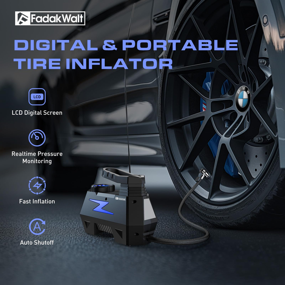 FADAKWALT Tire Inflator Portable Air Compressor, 12V DC Car Air Pump with Auto Shutoff, 150 PSI Digital Gauge, LED Light, Metal Valve Connector, Accessories for Cars, Blue