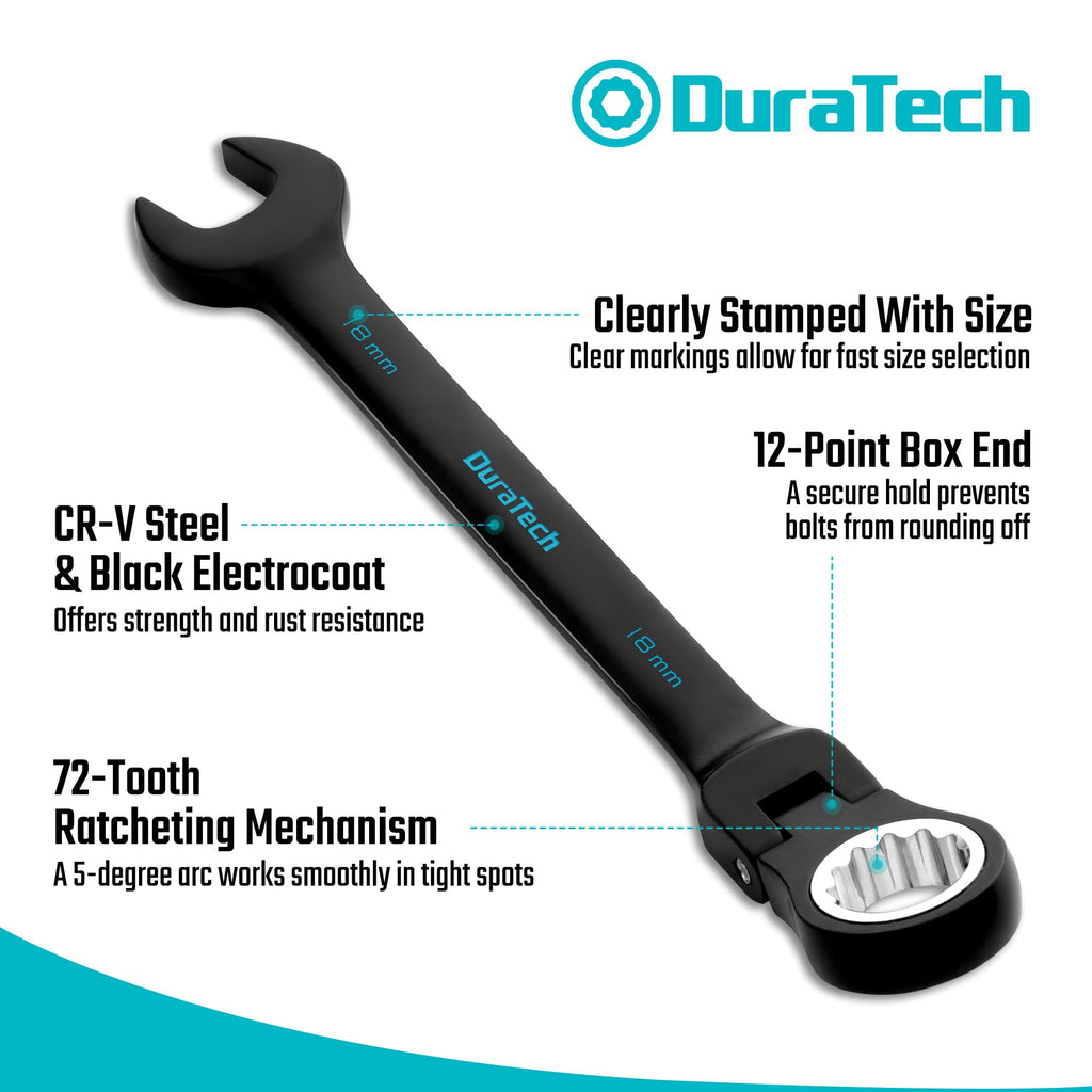 DURATECH 12-Piece Flex-Head Ratcheting Wrench Set, Metric, 8mm-19mm