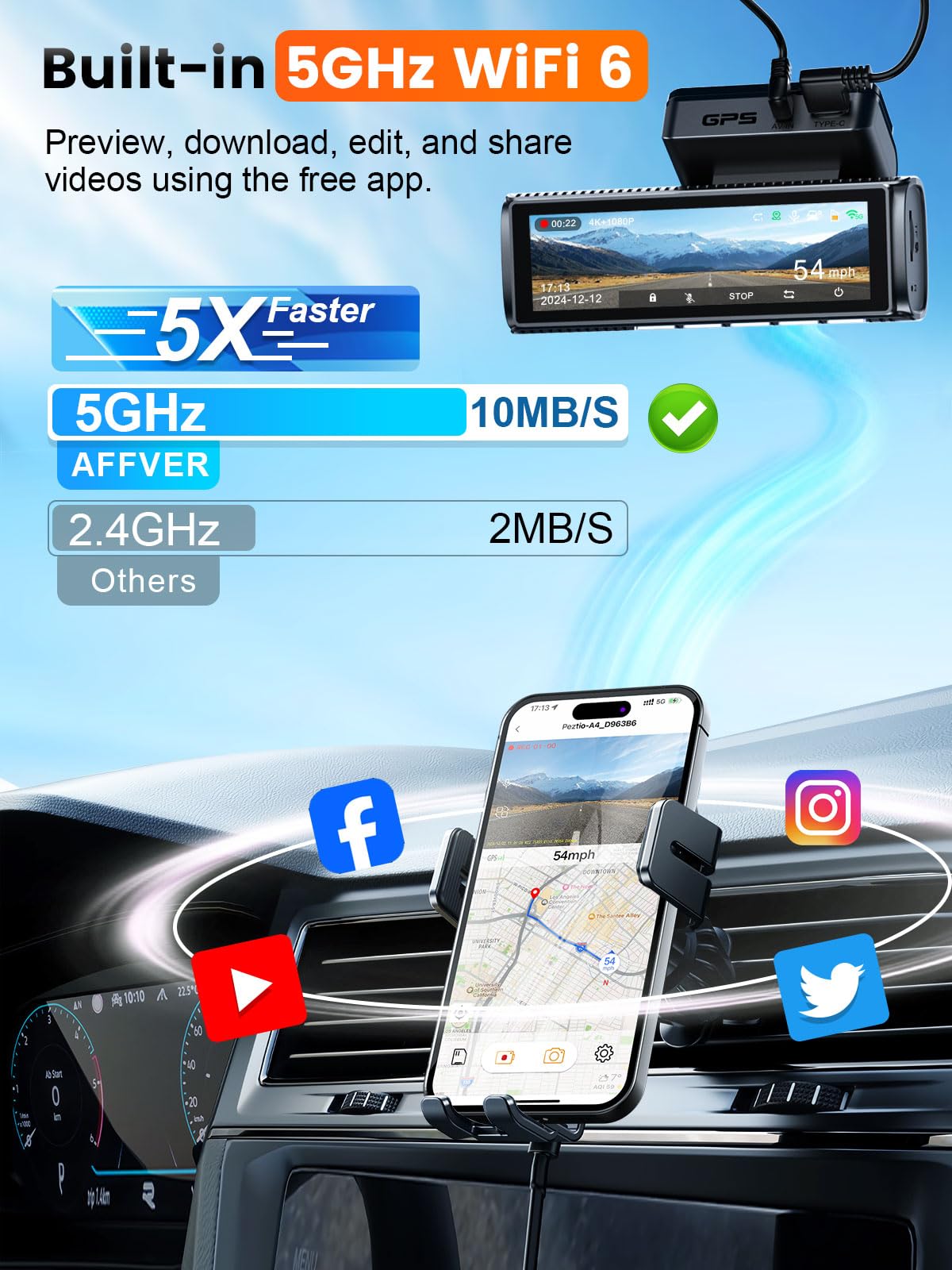 Affver 4K+2.5K Dash Cam Front and Rear, Built-in 5G WiFi 6 GPS Dual Dashcam