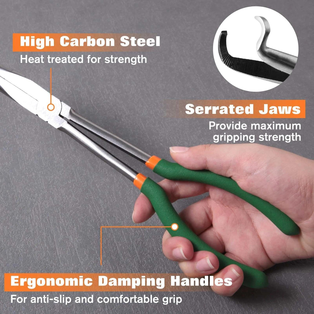 SPEEDWOX Long Reach Hose Grip Pliers 90 Degree Circle Plier Serrated Jaws Ring Nose Spark Plug Removal Tool for Hard to Reach Narrow Spaces High Leverage Reduce Efforts Non-slip Handle