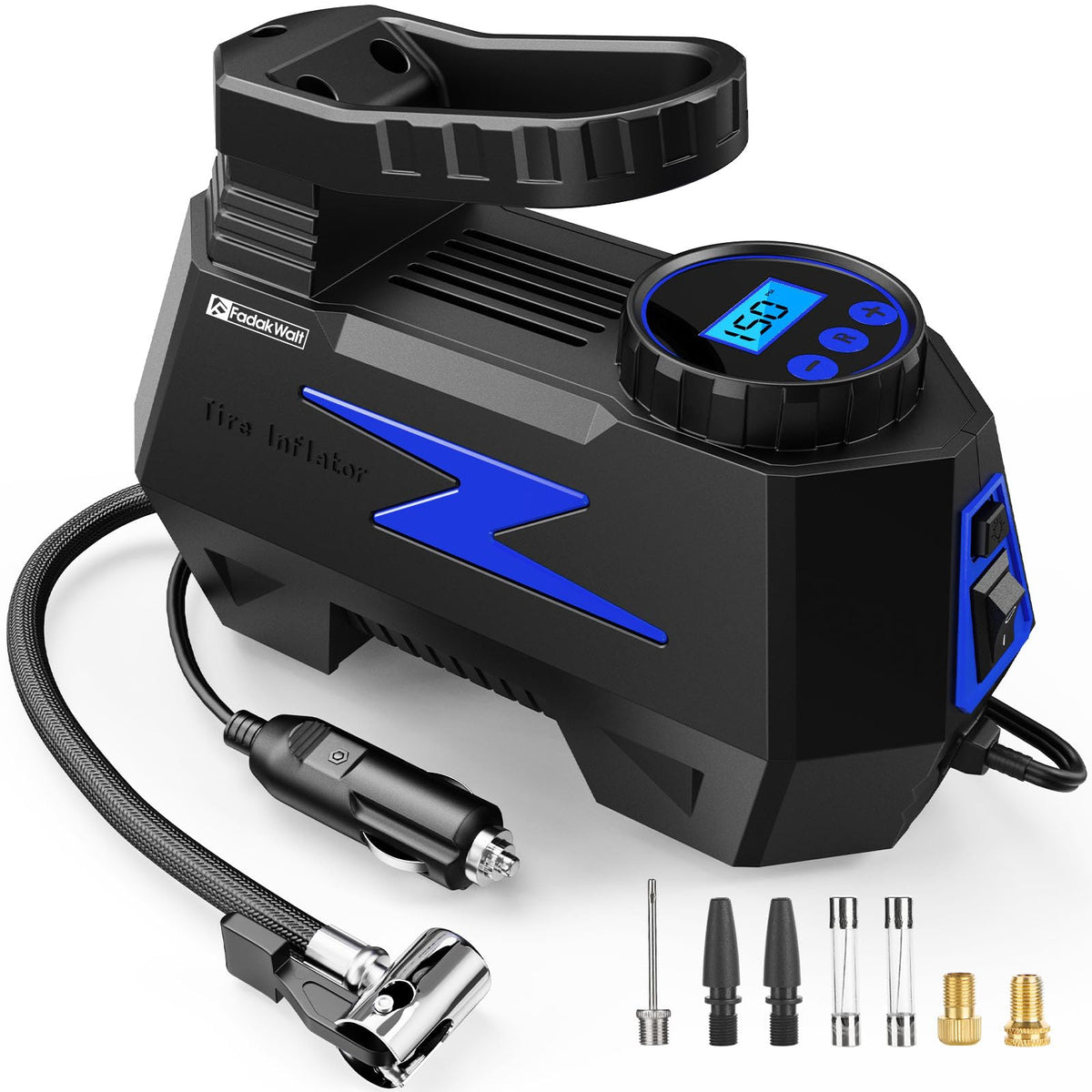 FADAKWALT Tire Inflator Portable Air Compressor, 12V DC Car Air Pump with Auto Shutoff, 150 PSI Digital Gauge, LED Light, Metal Valve Connector, Accessories for Cars, Blue