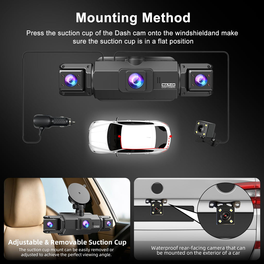 4 Channel 360° Dash Cam, 2K Front +1080P Rear Left Right with 64GB SD Card