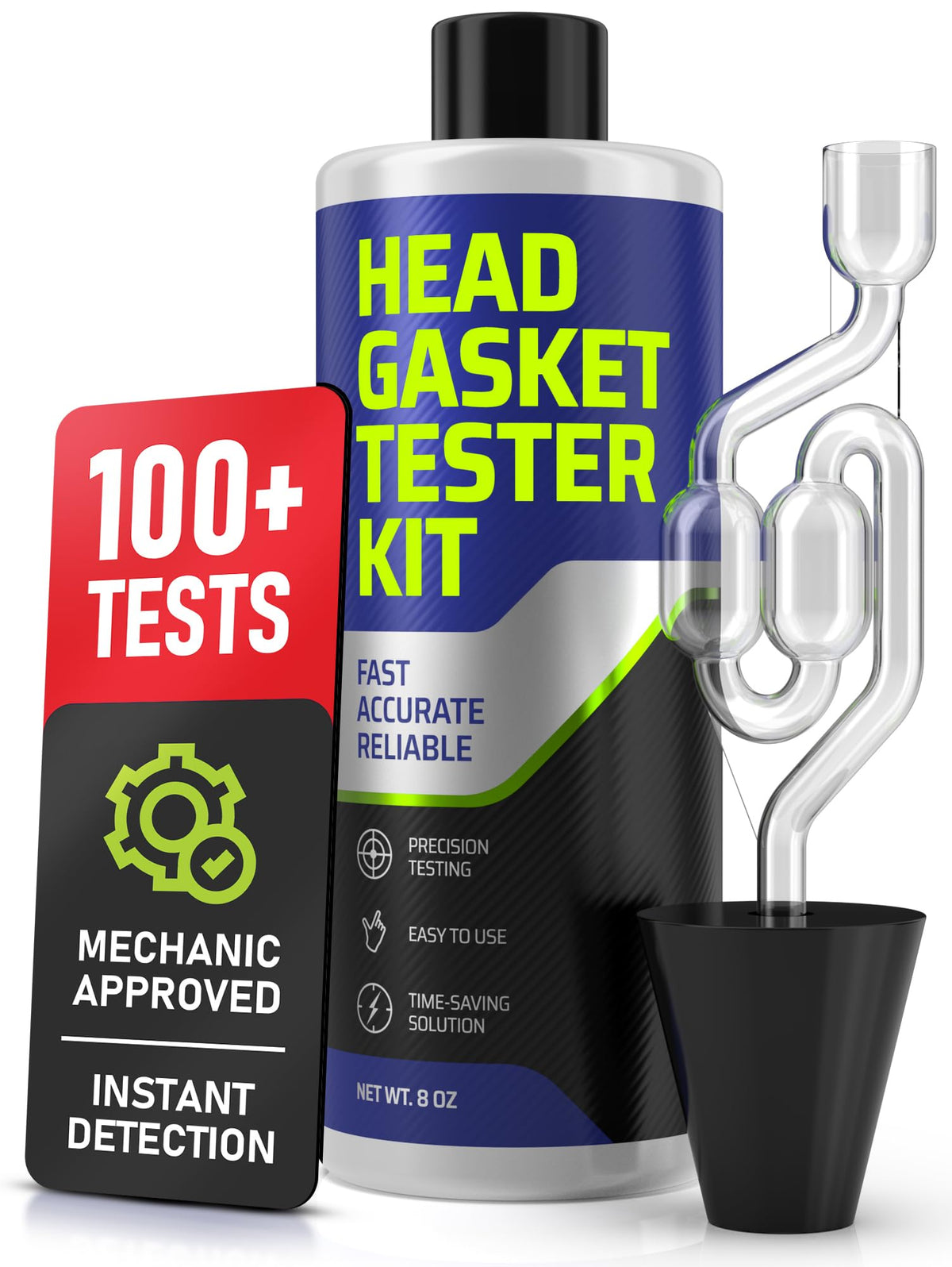 FORTIVO Head Gasket Tester Kit – Over 100 Tests, Complete Combustion Leak Test System with Universal Radiator Adapter, Works on Cars, Trucks, SUVs and Leak Detection Fluid 8oz