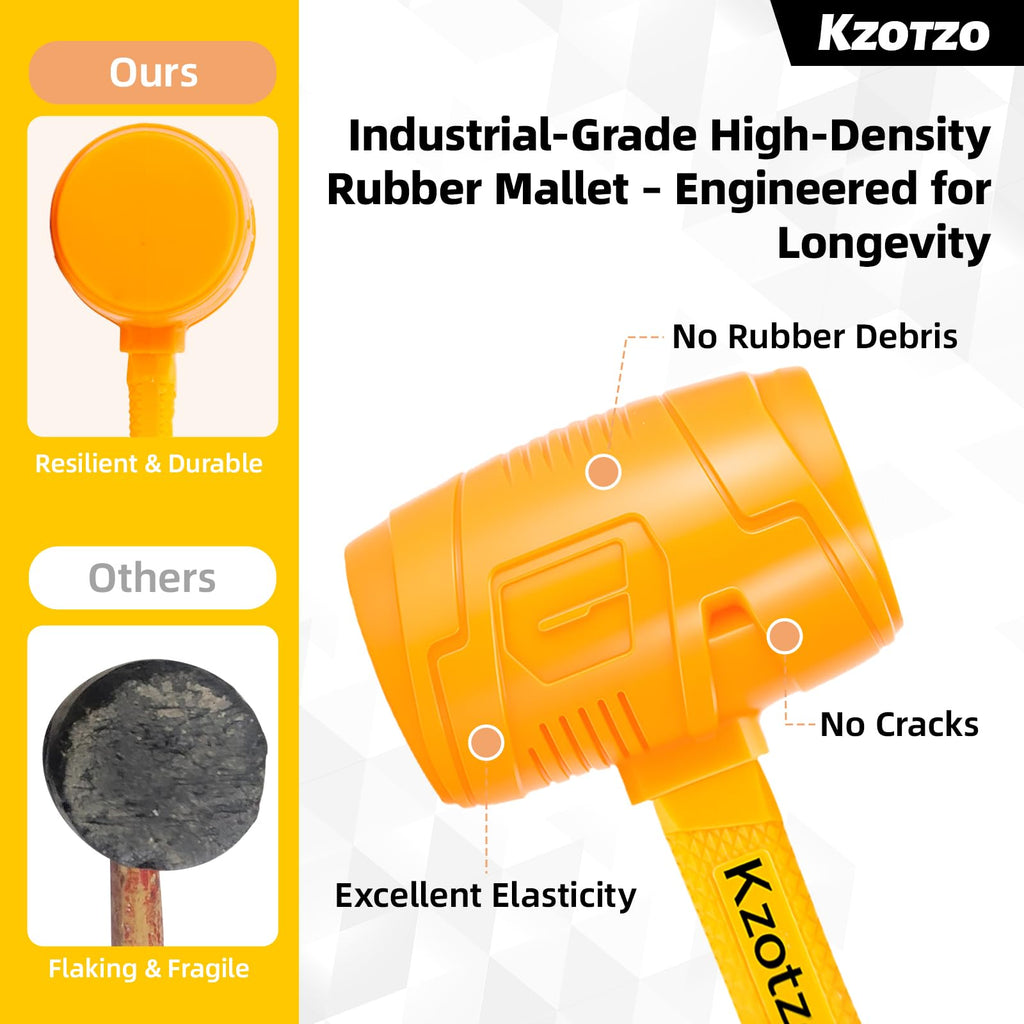 16oz Rubber Mallet Hammer, Fiberglass Handle, Rubber Mallet for Flooring, Tent Stakes, Woodworking, Camping, Soft Blow Tasks without Damage， 2025 upgraded seamless rubber hammer（yellow） (16OZ)