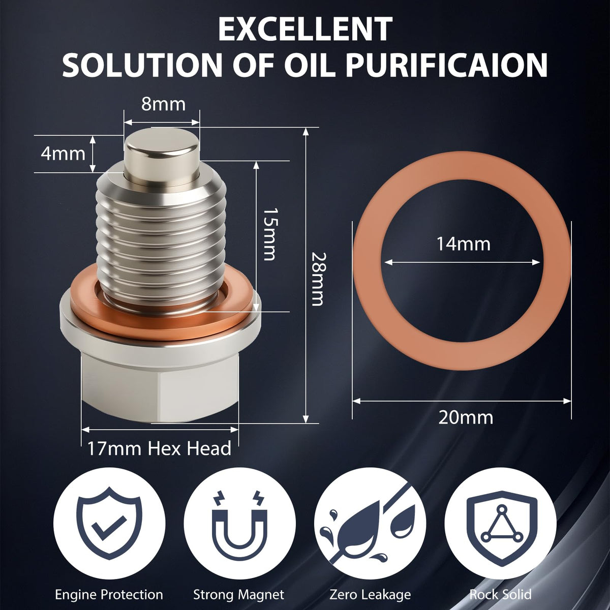 Tyfrozn M14 x 1.5 Magnetic Stainless Steel Oil Drain Plug Sump Drain Nut Bolt with Copper Gasket Crush Washer Compatible with Most Ford, GM, Hyundai, KIA and Accord, CRV, Civic, Pilot, Fit, Odyssey