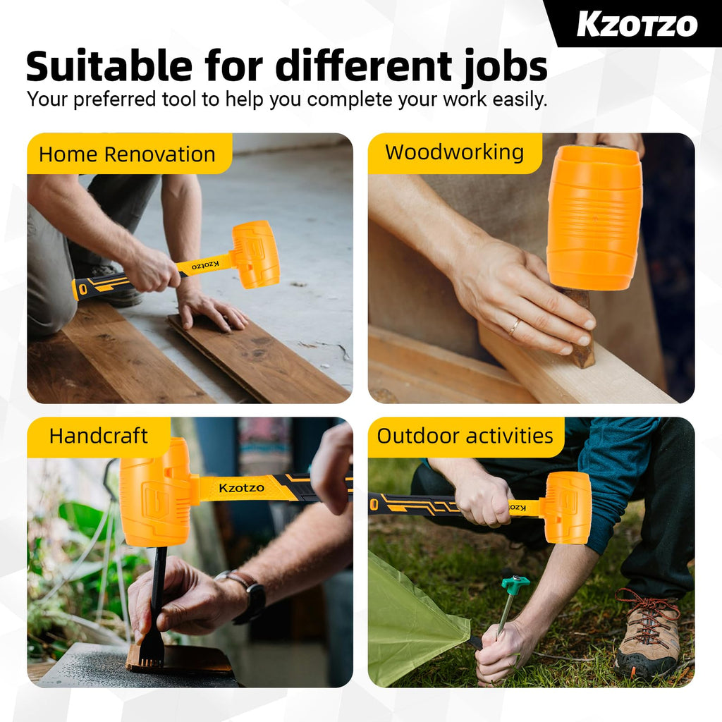 16oz Rubber Mallet Hammer, Fiberglass Handle, Rubber Mallet for Flooring, Tent Stakes, Woodworking, Camping, Soft Blow Tasks without Damage， 2025 upgraded seamless rubber hammer（yellow） (16OZ)