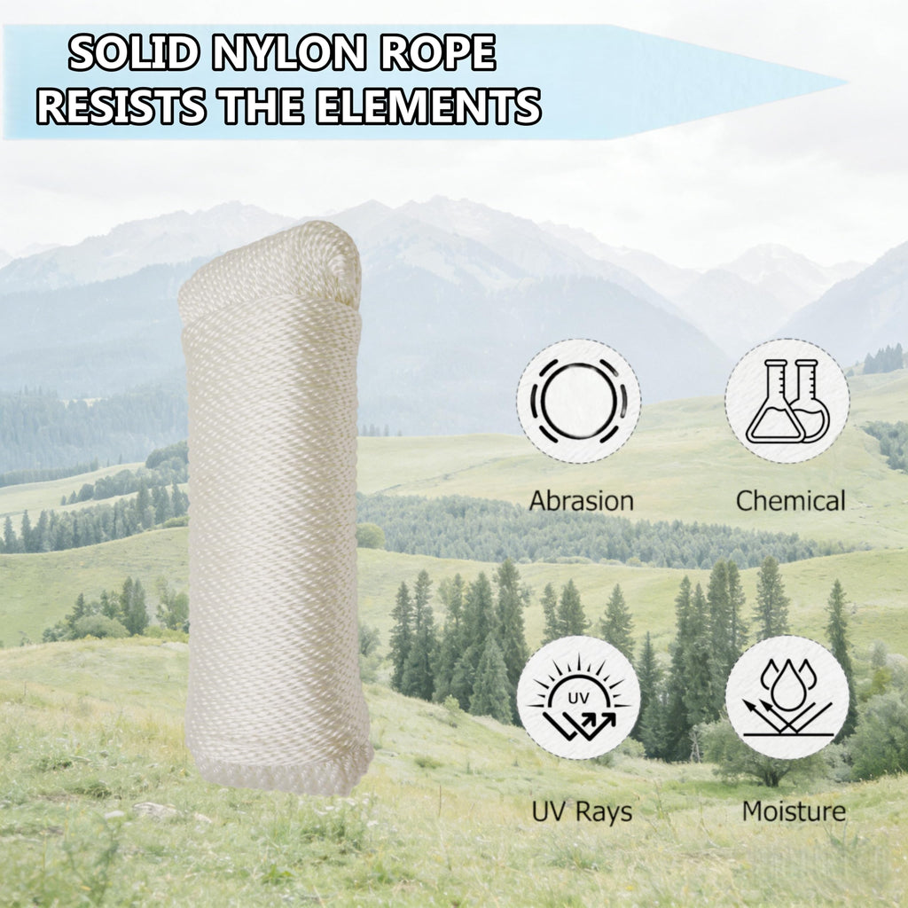 1/4 Inch 100FT Nylon White Solid Braid Rope Polyester Rope High UV and Abrasion Resistance, Multi-Purpose for Outdoor for Camping