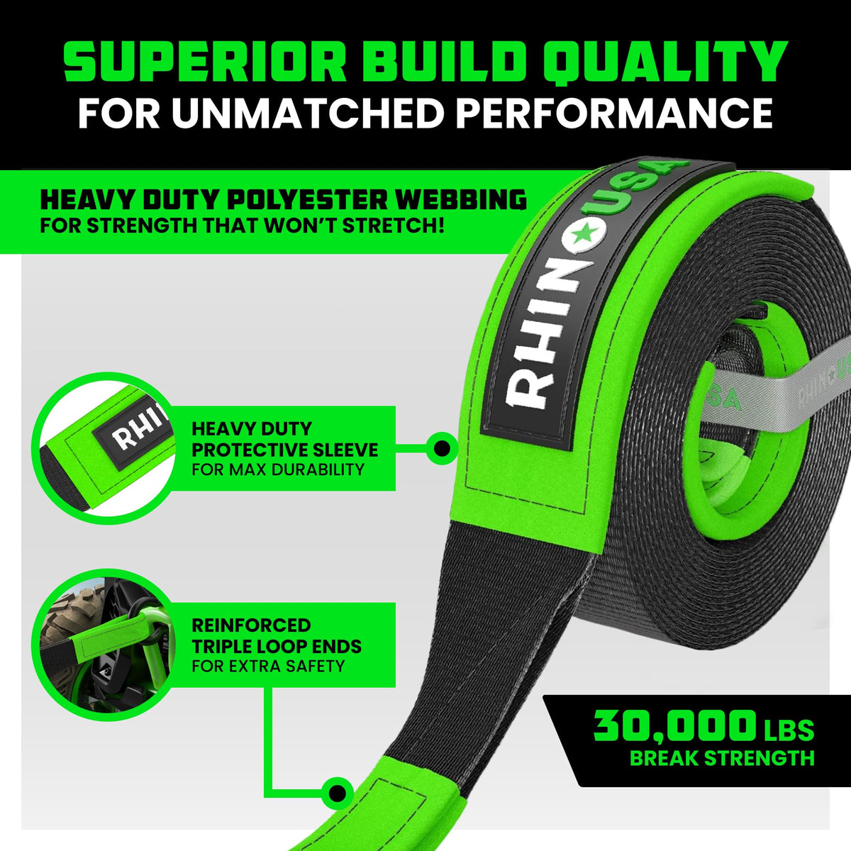 Rhino USA Recovery Tow Strap (3in x 20ft) - 31,518lb Heavy Duty Towing