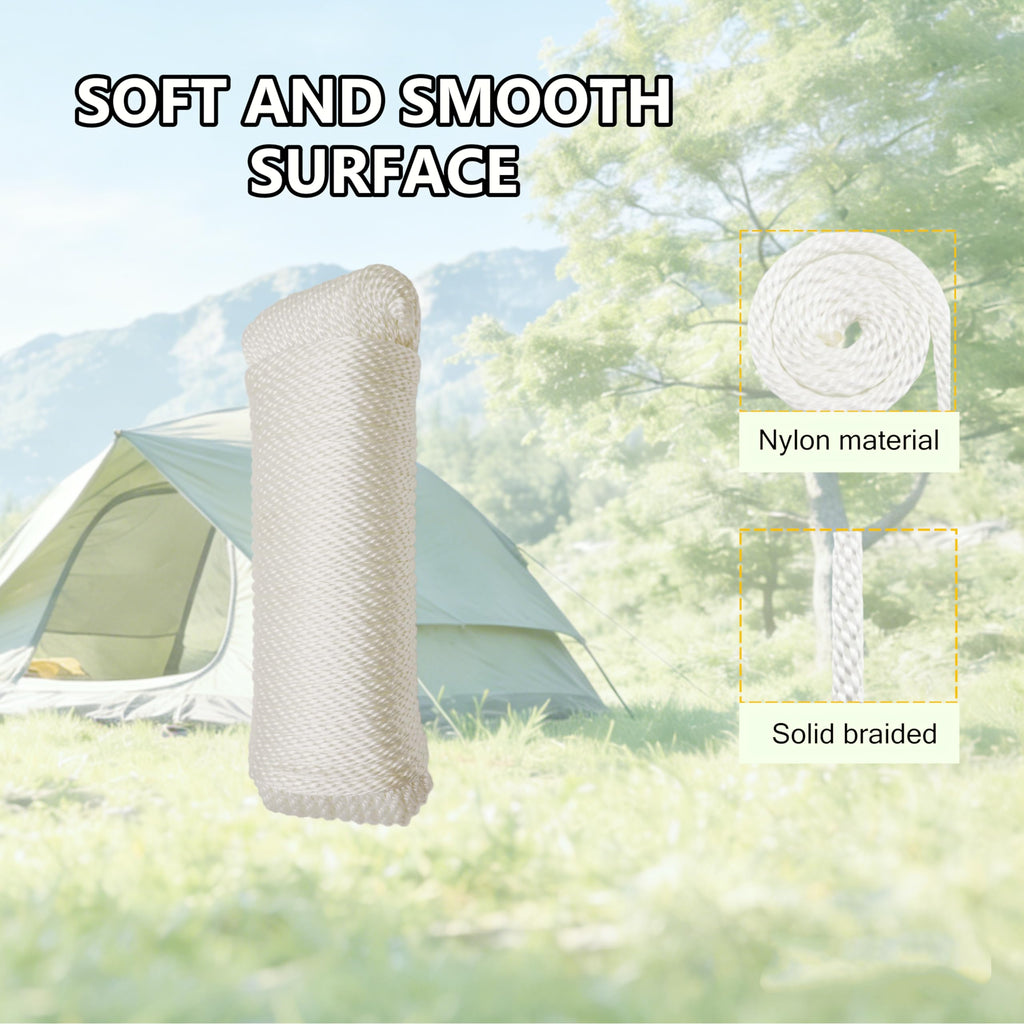 1/4 Inch 100FT Nylon White Solid Braid Rope Polyester Rope High UV and Abrasion Resistance, Multi-Purpose for Outdoor for Camping