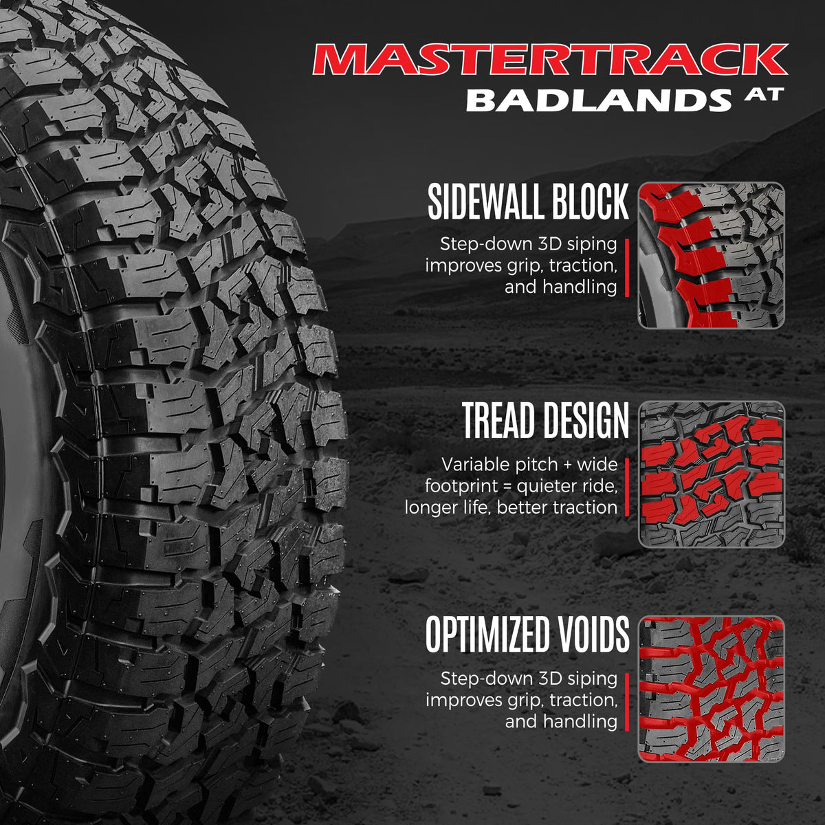 Set of 4 Mastertrack BADLANDS AT All Terrain LT265/70R17 123/120S Tires